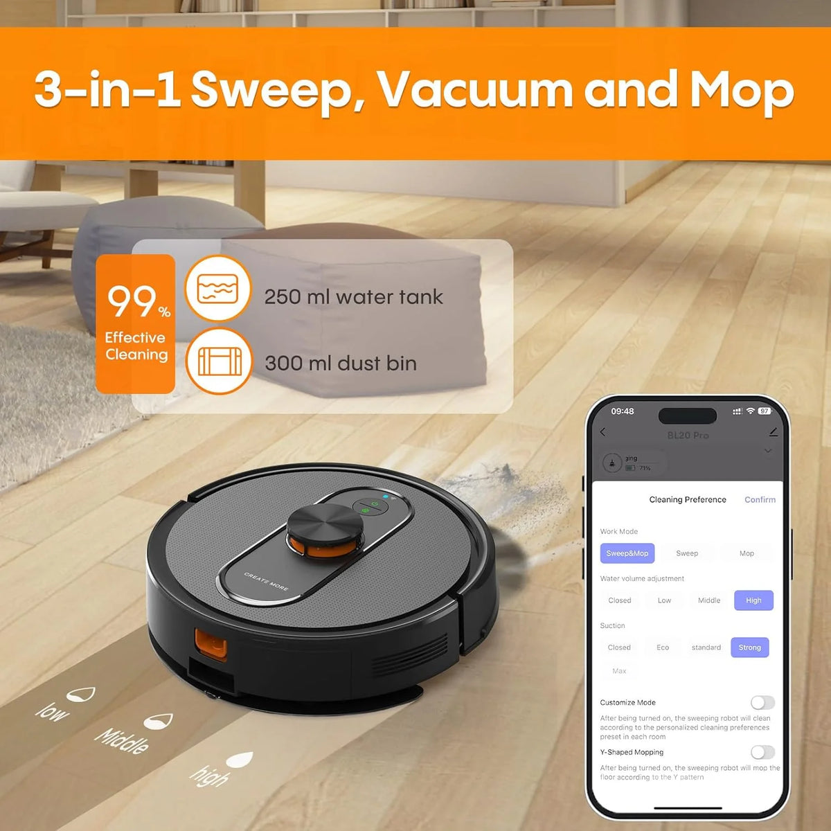 Robot Vacuum and Mop with Self-Emptying. 5000Pa Robotic Vacuum with LiDAR Navigation. Mapping. 60-Day Hands-Free Cleaning. No-Go Zones.Wi-Fi/App/Alexa Control. Ideal for Pet. Hard Floors. Carpet