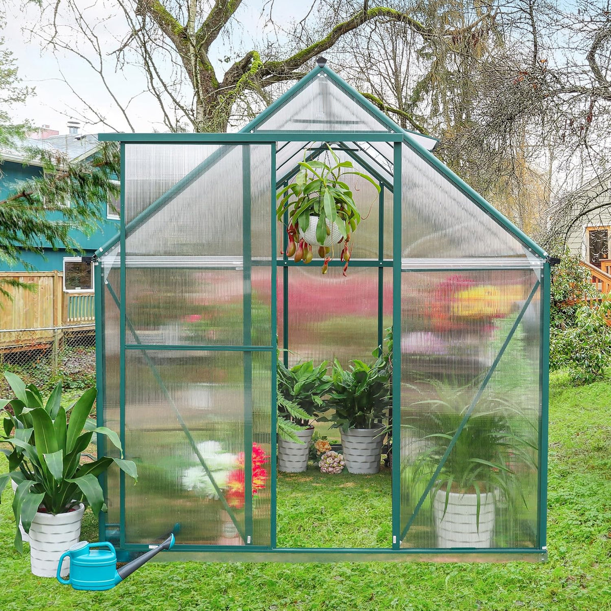 6'x10' Walk-in Greenhouse with 4mm 800G Polycarbonate Panels - Heavy-Duty Aluminum Frame. Wind/Snow Resistant for Gardening. Includes Sliding Door & Ventilation Windows (Green)