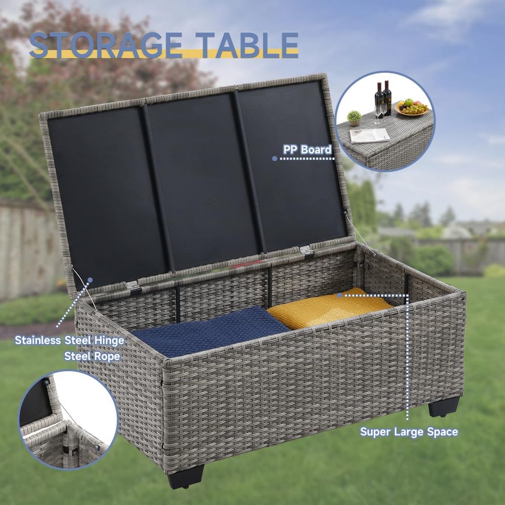 6 Pieces Outdoor Patio Furniture Sets with Furniture Cover. PE Rattan Wicker Patio Conversation Set with Tea Table (Peacock Blue. Rattan Storage Table)