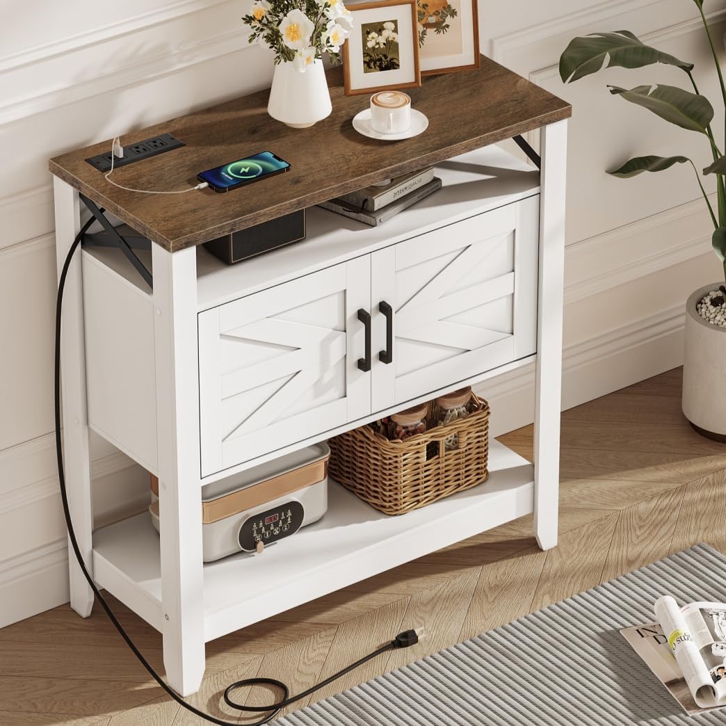 Farmhouse Sofa Table with Power Outlet-4-Tier Bookcase. 42.9 Floor Standing Organizer Shelf