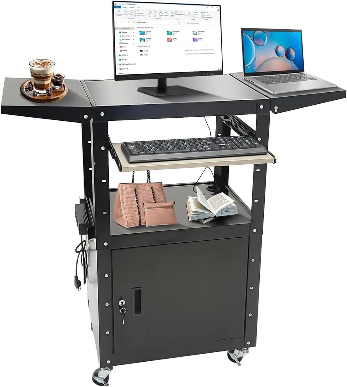 Upgraded AV Cart. Adjustable-Height Steel AV Cart with Locking Cabinet and Pullout Keyboard Tray. Rolling Media Cart with Wheels & Power for Computer Laptop Projector Printer (Black/43x18x43)