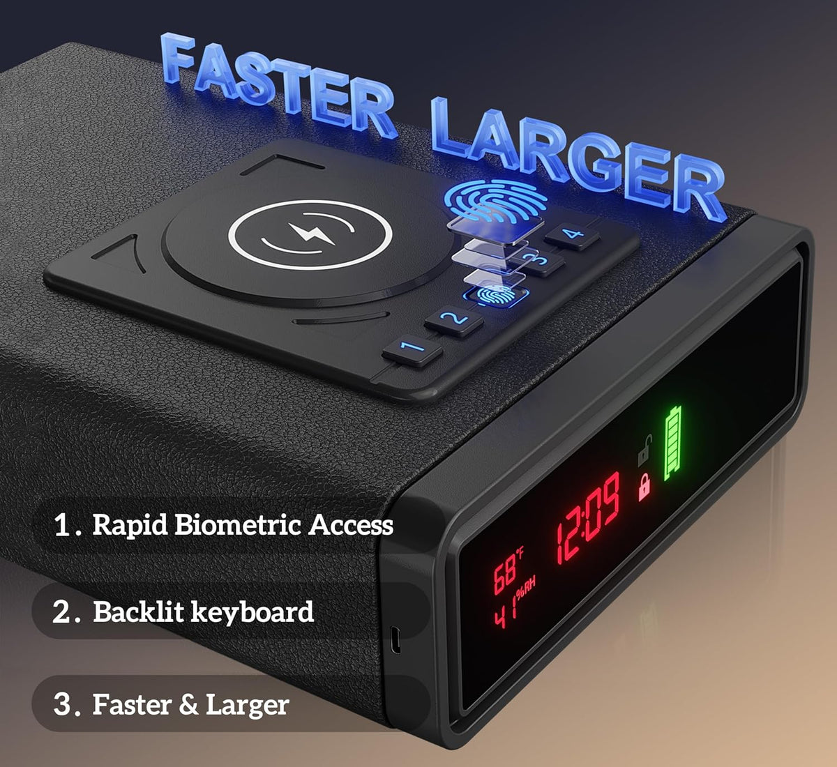 Smart Biometric Safe with Wireless Charging for Phone & Watch. 3 Access Methods to Unlock. Nightstand Drawer Safe LED Display with Humidity & Temperature Monitoring. Stopbox for Cash and Valuables