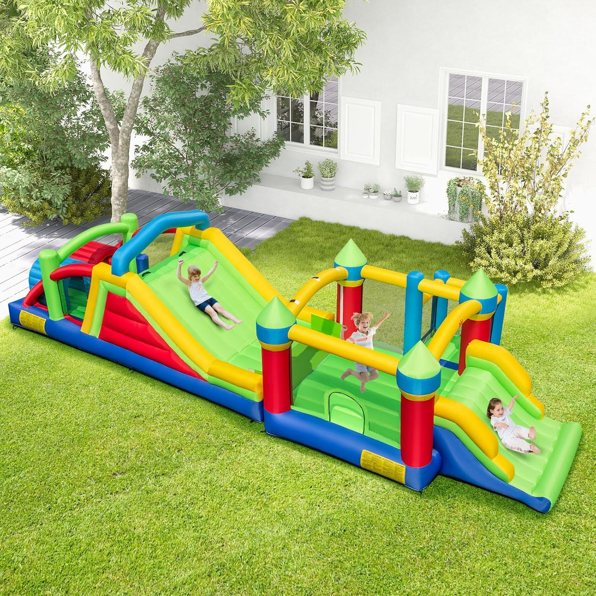 Inflatable Obstacle Course Bounce House. Kids Huge Sectional Bouncy Castle with Dual Slides. Tunnels. Bounce Area. Climbing. Obstacles. Playhouse for Kids Indoor Outdoor Birthday Party Gift