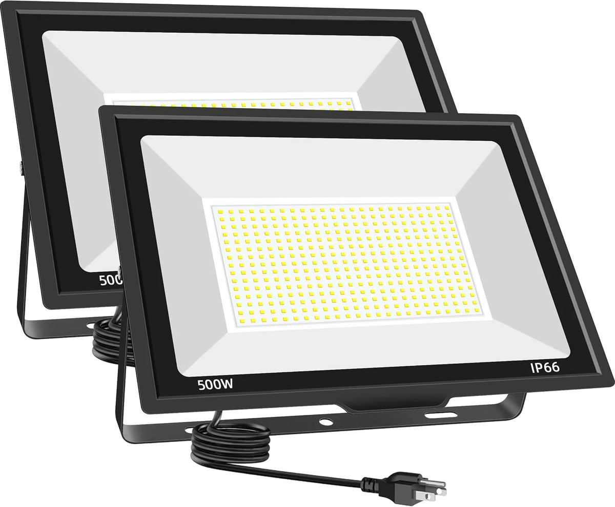 500W LED Flood Light Outdoor 2 Pack. 2000W Equivalent FloodLight with Plug. Super Bright 55000LM 5000K Daylight White IP66 Waterproof Commercial Lighting for Sports Fields.Courts.Arena.Stadium