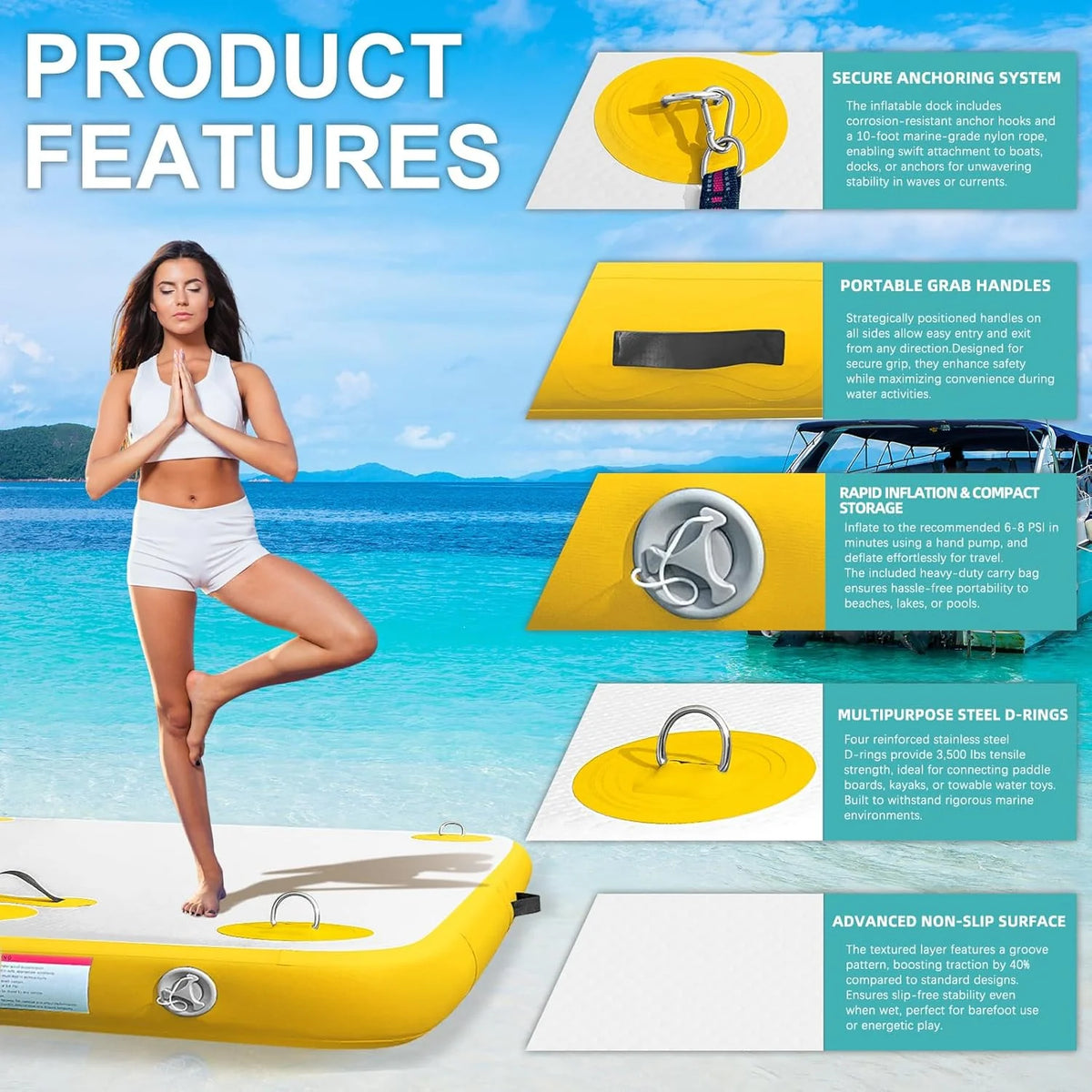 Inflatable Floating Dock Air Dock Platform Floating Island Raft with None-Slip Surface for Pool Beach Ocean