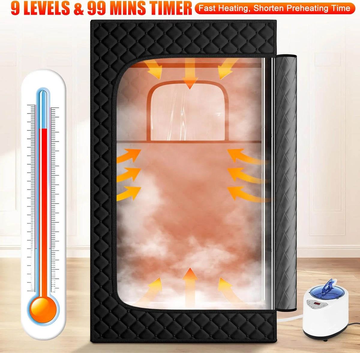 Upgraded Sauna Box for Relaxation. Detoxification. Portable Steam Sauna for Home with Steamer. 9 Levels. 2.6' x 2.6' x 5.9'