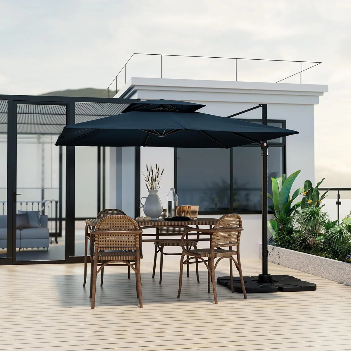9.5-foot cantilevered patio umbrella. outdoor square offset umbrella. 360° rotatable. double-structured heavy-duty patio hanging umbrella. with cross base. suitable for gardens. patios. swimming pools and backyards.