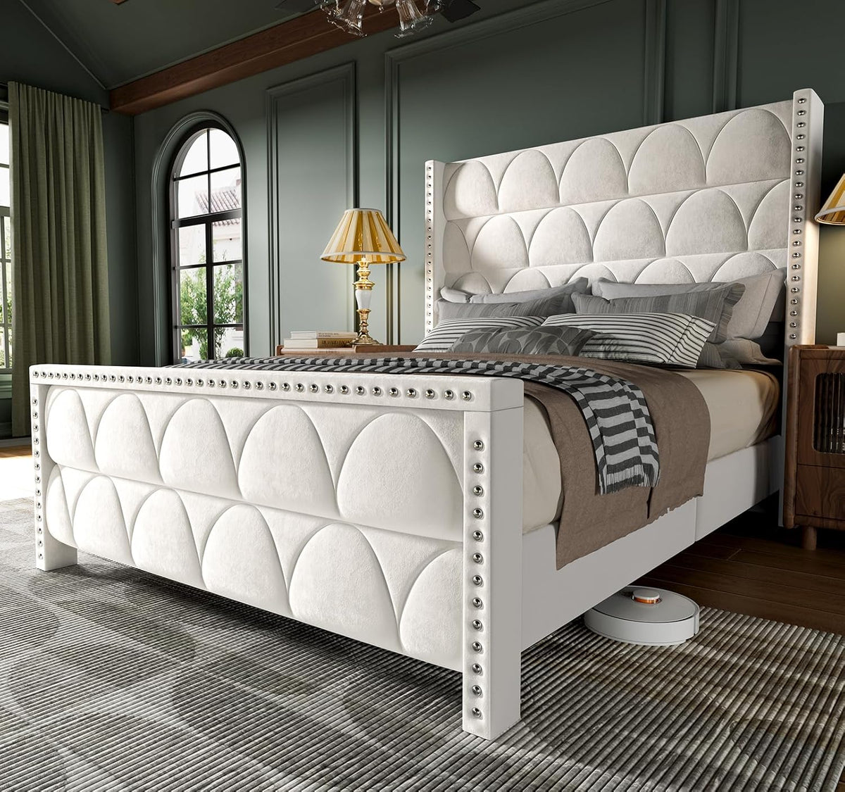 King Size Bed Frame with 56 Headboard - 1000LBS Capacity Support. Velvet Upholstered Wingback Platform Bed Frame. Noise Free. Sturdy Wooden Slat Support