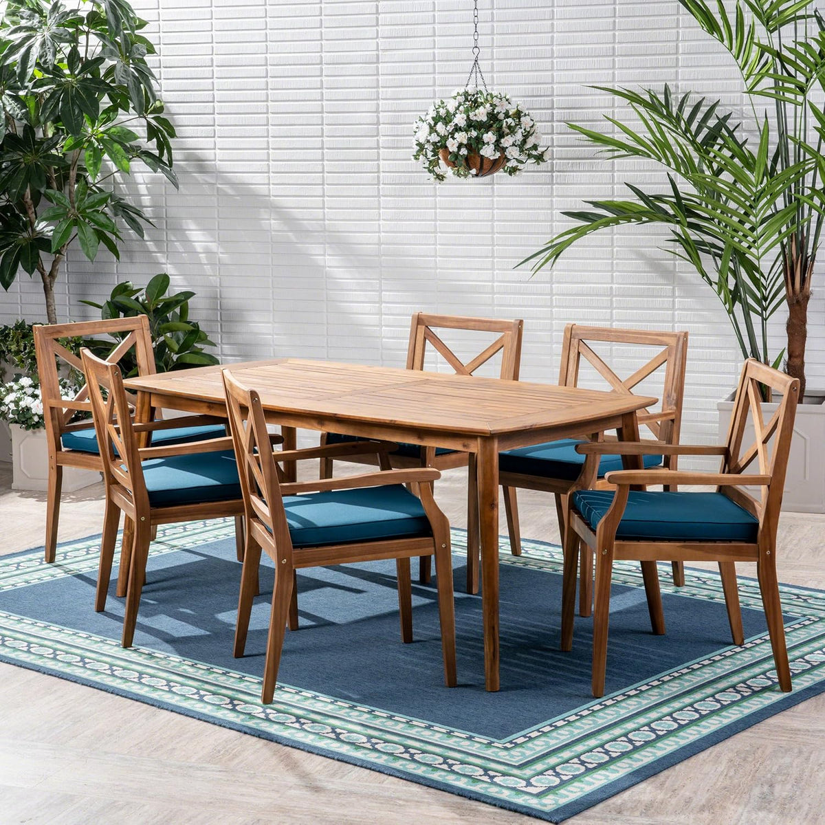 7-piece cherry wood dining set. teak surface / blue
