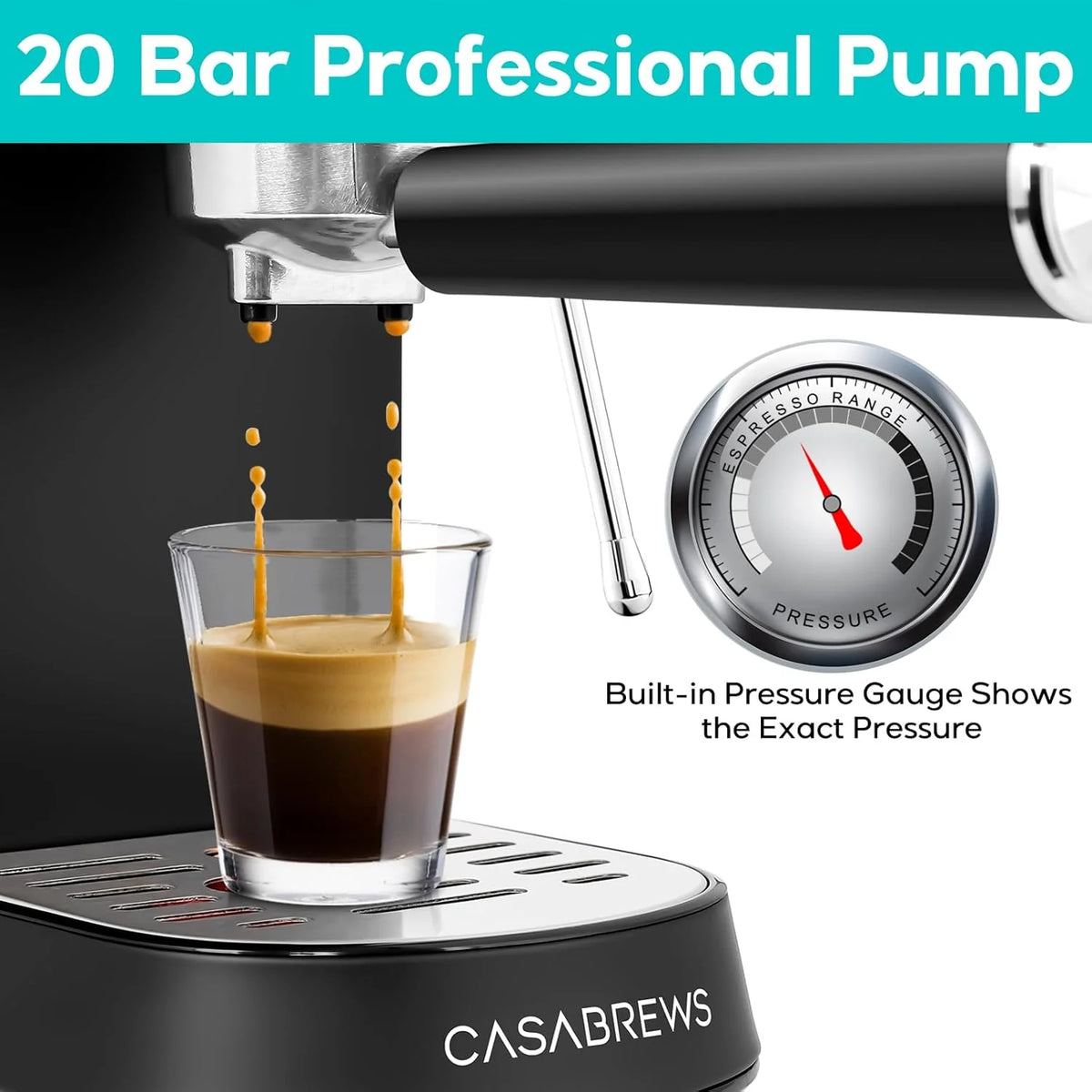 Espresso Machine 20 Bar. Compact Espresso Maker with Steam Milk Frother. Stainless Steel Coffee Machine with 34oz Removable Water Tank for Cappuccino. Latte. Silver