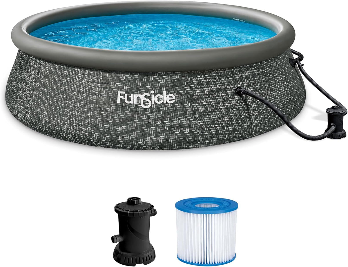 12 Foot by 36 Inch Quickset Round Inflatable Ring Top Outdoor Above Ground Swimming Pool Set with Pump and Cartridge Filter. Dark Herringbone