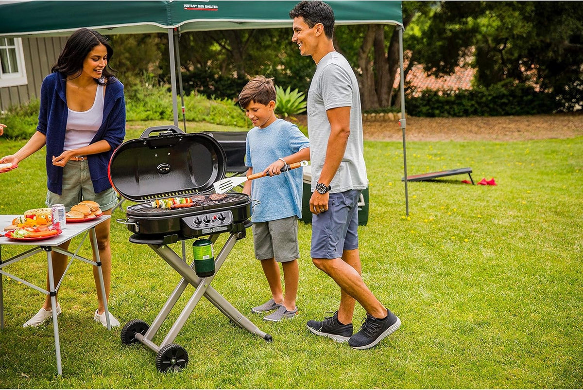 RoadTrip Portable Stand-Up Propane Grill with 3 Adjustable Burners & Instastart Ignition. 20.000 BTUs of Power for Outdoor Cooking