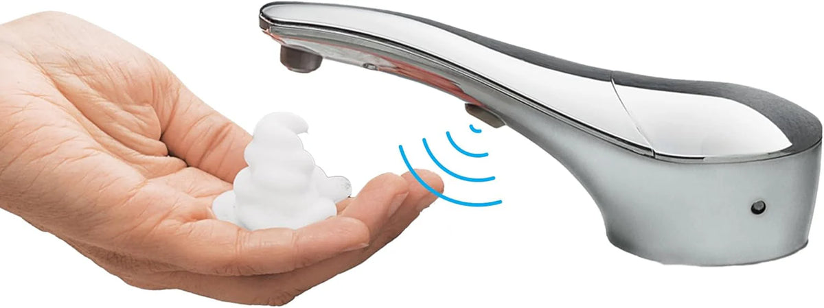 Automatic liquid soap dispenser. with a top-mounted contactless soap nozzle. capacity 34 ounces (1.0 liters). can be placed on the countertop of a public restroom. installation diameter 1-3/8 inches. chrome surface treatment.