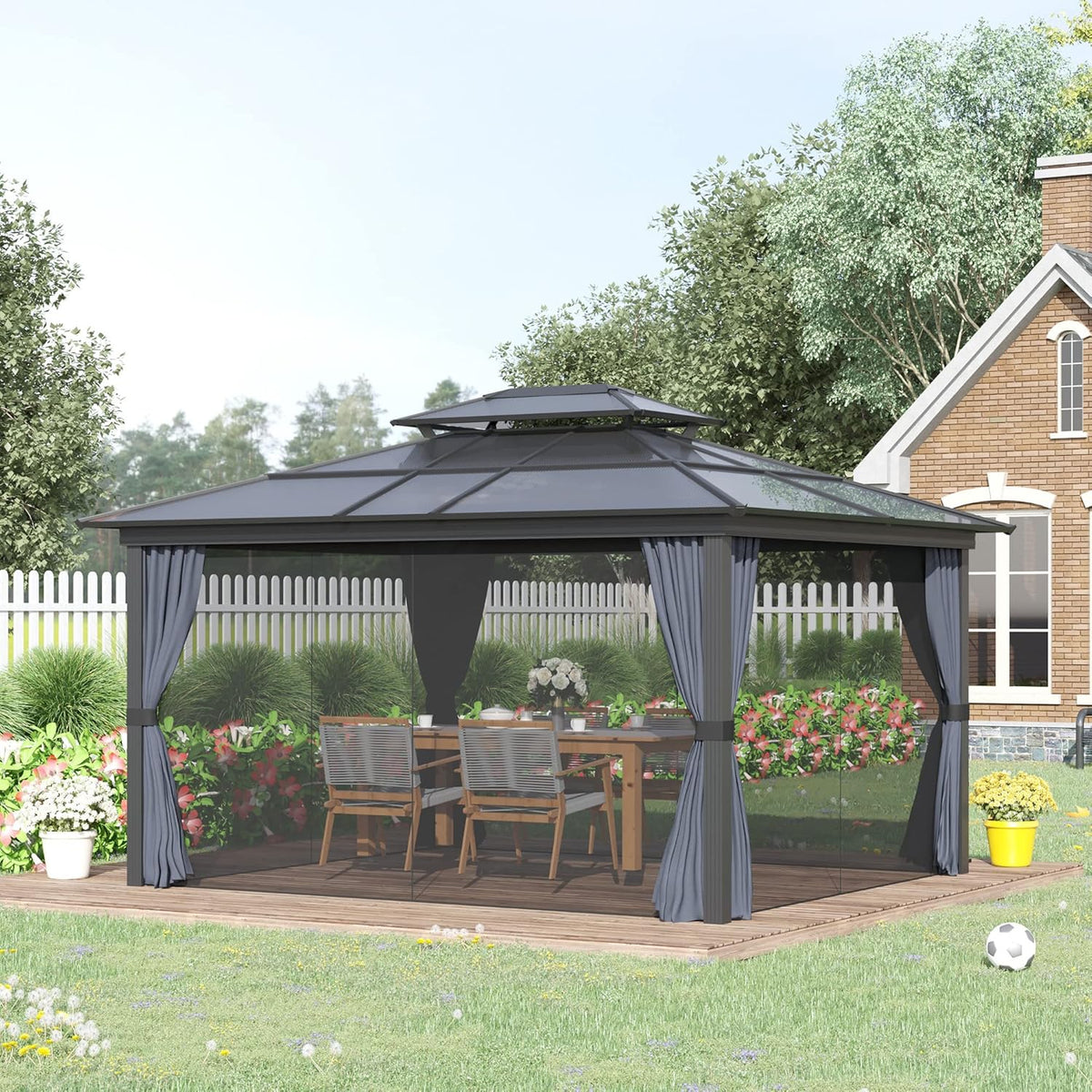 10 feet x 12 feet hard-top awning canopy. polycarbonate roof. aluminum frame. permanent outdoor awning. with net cover. suitable for patios. gardens. backyards. terraces. lawns. grasslands. light gray.