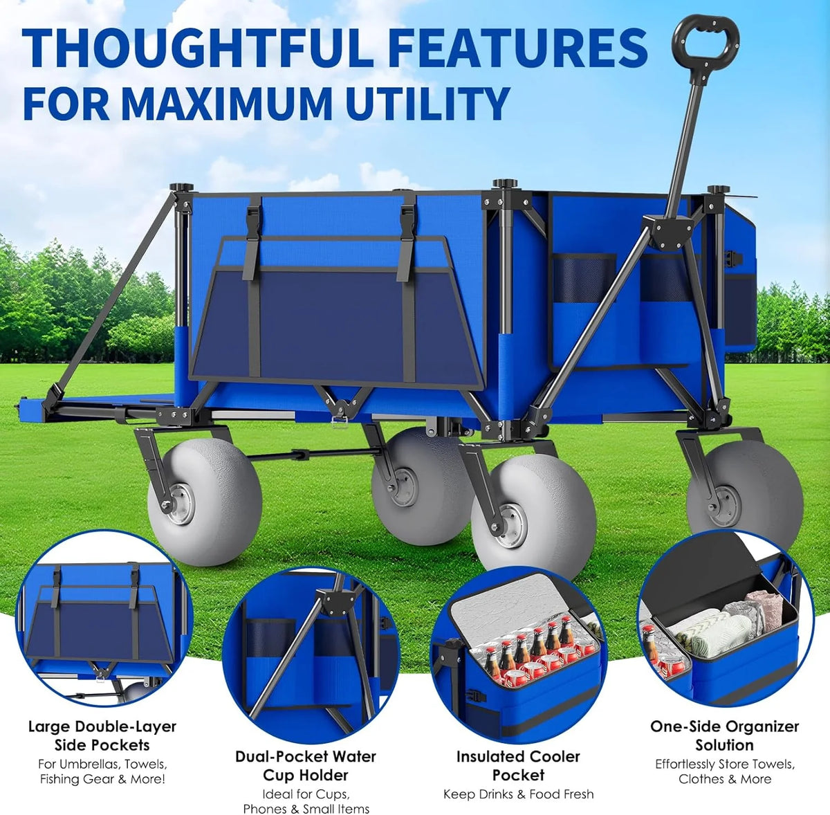 Beach Wagon with Big Wheels for Sand - 450lbs Load Heavy Duty Wagons Carts Foldable with 9 All Terrain Inflatable Tires. Collapsible Beach Cart for Grocery Shopping Garden Sports Camping Outdoor