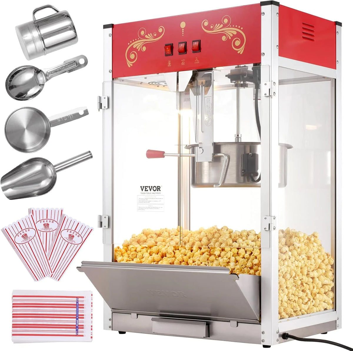 Popcorn machine. 12-ounce pot capacity. 1440-watt countertop popcorn machine. can produce 80 cups per batch. cinema-style popcorn machine. equipped with 3 switches for control. steel frame. tempered glass door. 1 pot. 2 spoons. red version