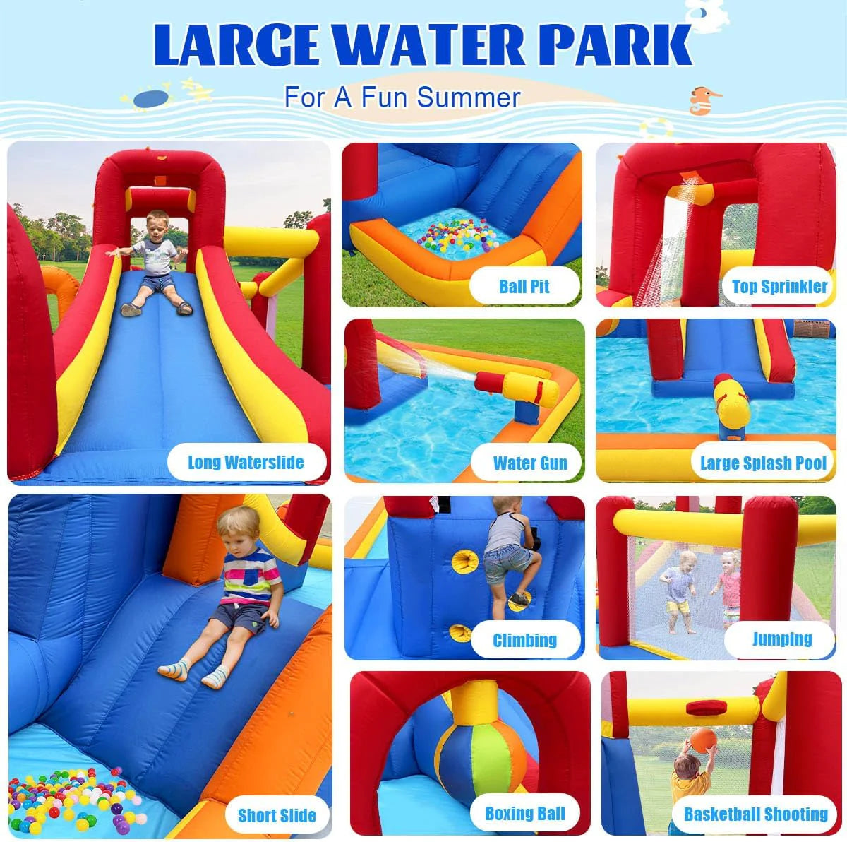 Inflatable Water Slide. 10 in 1 Water Park Bounce House with Blower. Splash Pool. 2 Slides. Water Cannon. Climbing Wall. Blow up Water Slides for Kids Outdoor Backyard