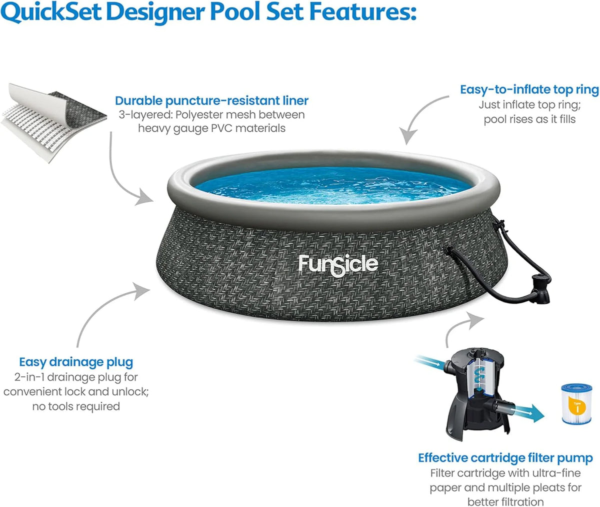 12 Foot by 36 Inch Quickset Round Inflatable Ring Top Outdoor Above Ground Swimming Pool Set with Pump and Cartridge Filter. Dark Herringbone