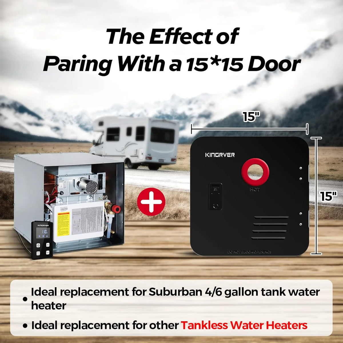 RV Tankless Water Heater without Door. . Propane Gas. DC 12V. 3 Optional Door Sizes 15x15. 15x18 and 18x18 for Refitment. Compatible with All RVs. Sufficient Power. High Altitude