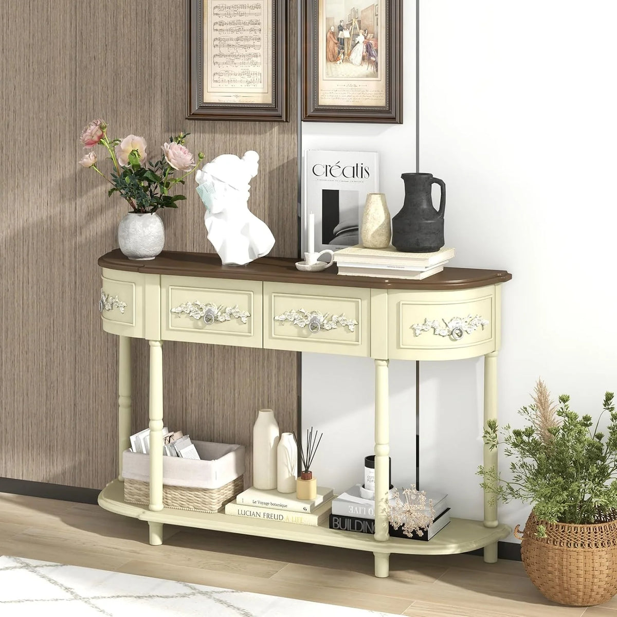 Retro game console table with drawer. 52-inch narrow sofa table with open shelves. table with storage function at the half-moon entrance. solid wood legs. entrance table for retro living room corridor. beige color scheme