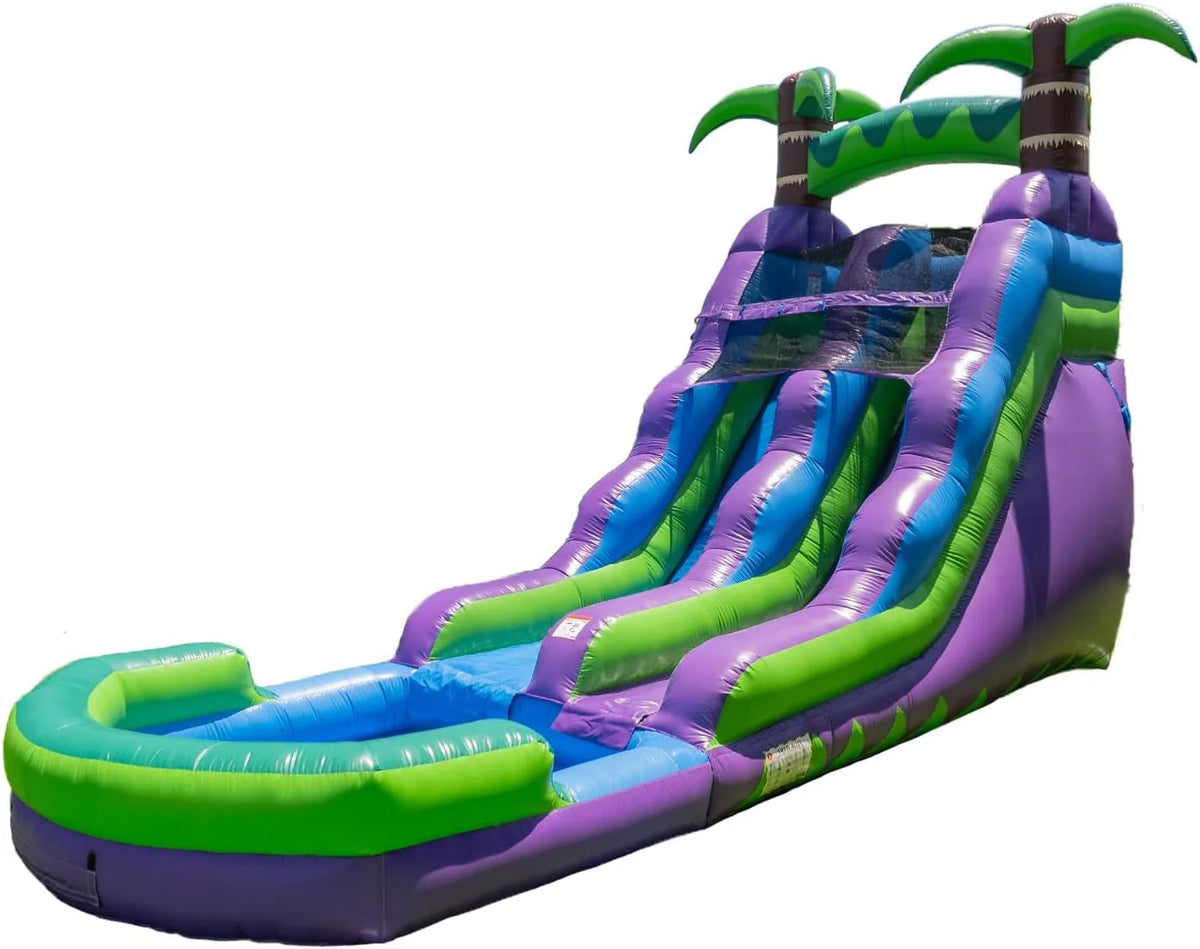 16' Purple Tropical Lightweight Premium Commercial Grade Water Slide Inflatable with Attached Pool for Kids and Adults (with Blower). Wet Dry Use. Summer Fun