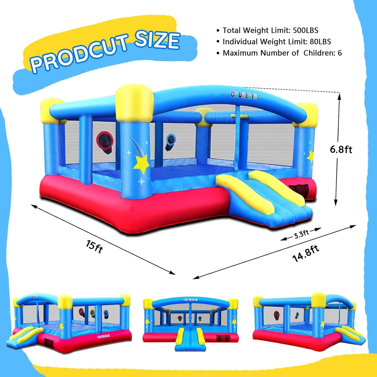 Big Inflatable Bounce House for Party Fun.15ft x 14.8ft.Double Basketball Hoop.Throw Ball Game.Reinforced PVC Bounce Floor.Jumping Bouncy Castle Holds 6 Kids