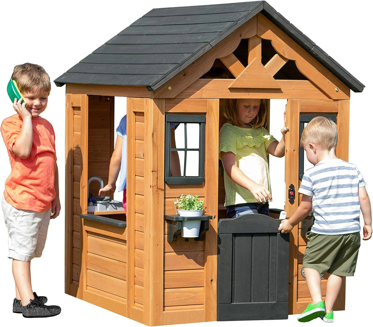 Children's playhouse cabin. equipped with a game kitchen. snack bar. half-door. toy phone. windows. flower pot stand and an operable doorbell. suitable for creative outdoor games.