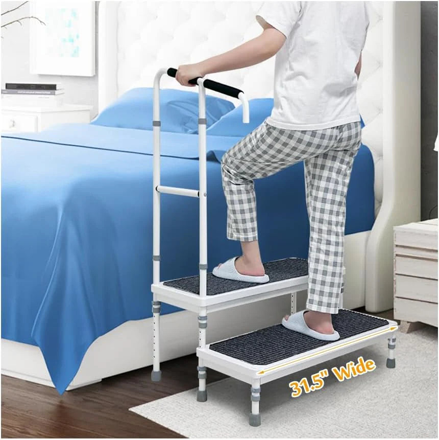 Mybow Bed Step Stool with Handle for High Beds. Adjustable 2 Step Stool. 31.5 Extra Wide & Heavy Duty Mobility Aid for Seniors. Post-Surgery Recovery. Pregnant Women. Medical Bedside Step