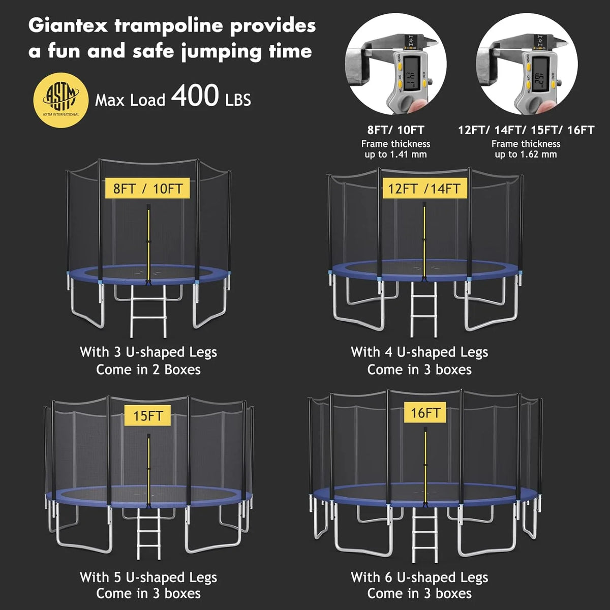 8 feet. 10 feet. 12 feet. 14 feet. 15 feet. 16 feet children's and adult trampolines. Certified by ASTM with netting. Made of thick steel plates. durable. suitable for outdoor large-scale leisure trampolines in various weather conditions. equipped wi