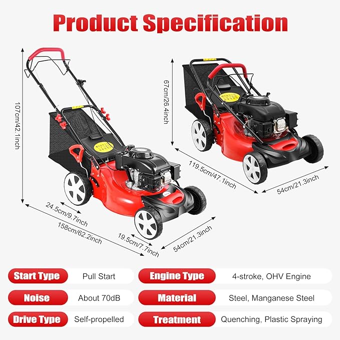 Self Propelled Gas Lawn Mower. 20-Inch 140cc OHV Engine 3-in-1 Gas Mower.Adjustable Cutting Height for Sports Fields. Community Greening. Municipal Greening