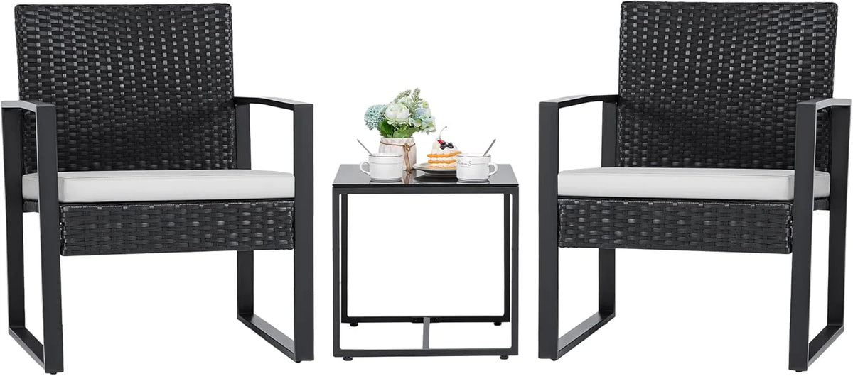 3 Pieces Patio Set Outdoor Wicker Furniture Sets Modern Rattan Chair Conversation Sets with Coffee Table for Yard and Bistro (Black)