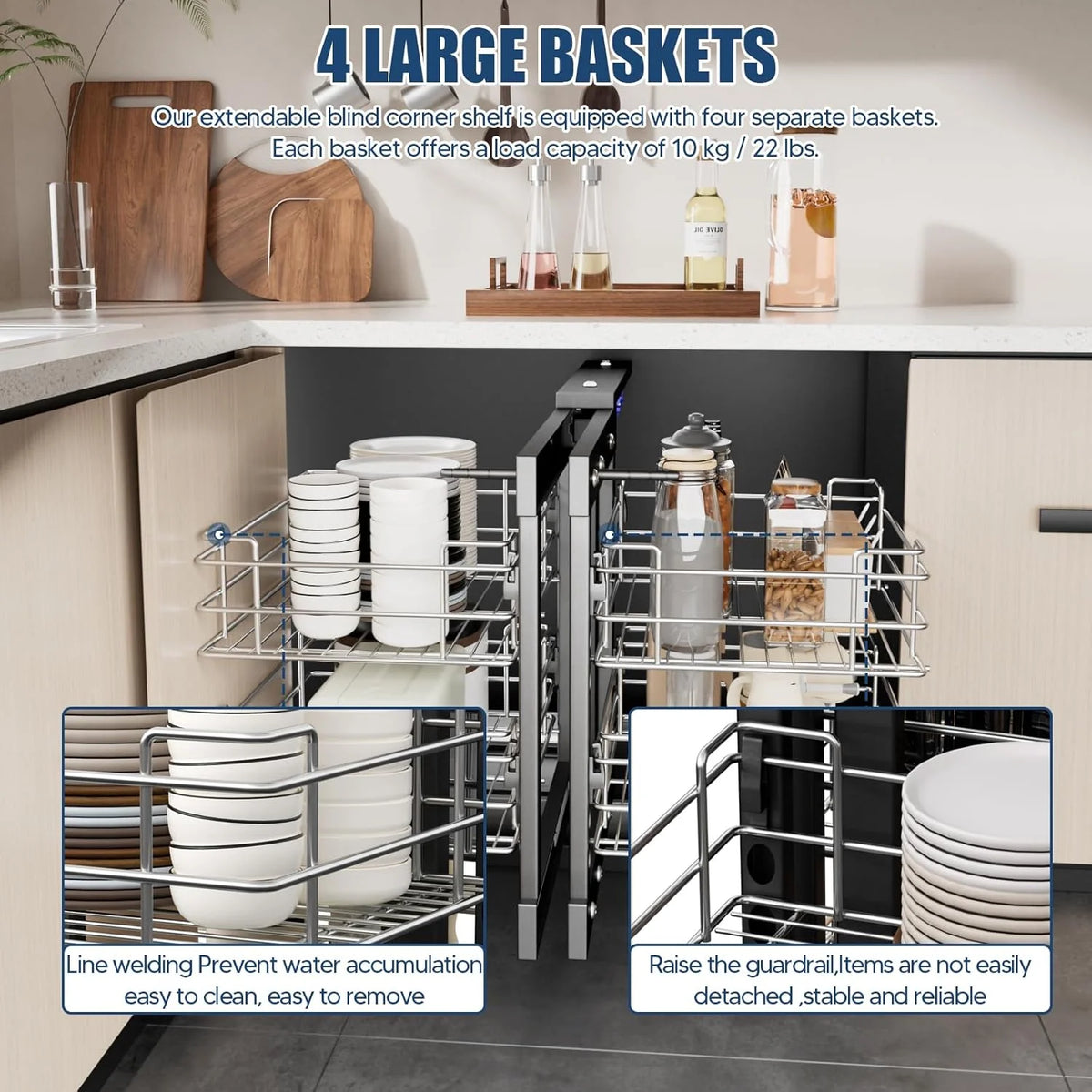 36 Blind Corner Pull Out Organizer.2 Tier 4 Shelf Kitchen Cabinet Organizer. Chrome Carbon Steel Storage Basket. Left Open & Right Open Compatible.for Blind Corner Kitchen or Bathroom Cabinet