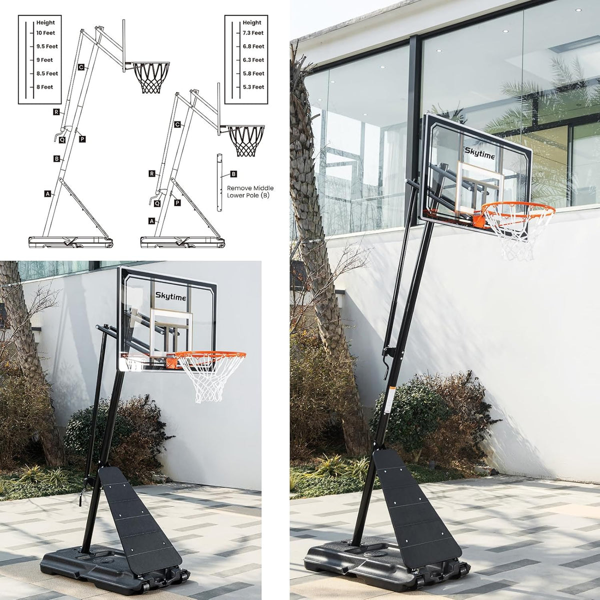Basketball Hoop 48 Inch Backboard Portable Basketball Hoop Outdoor.5.3-10ft Stepless Regulation Crank Adjust Basketball Goal System