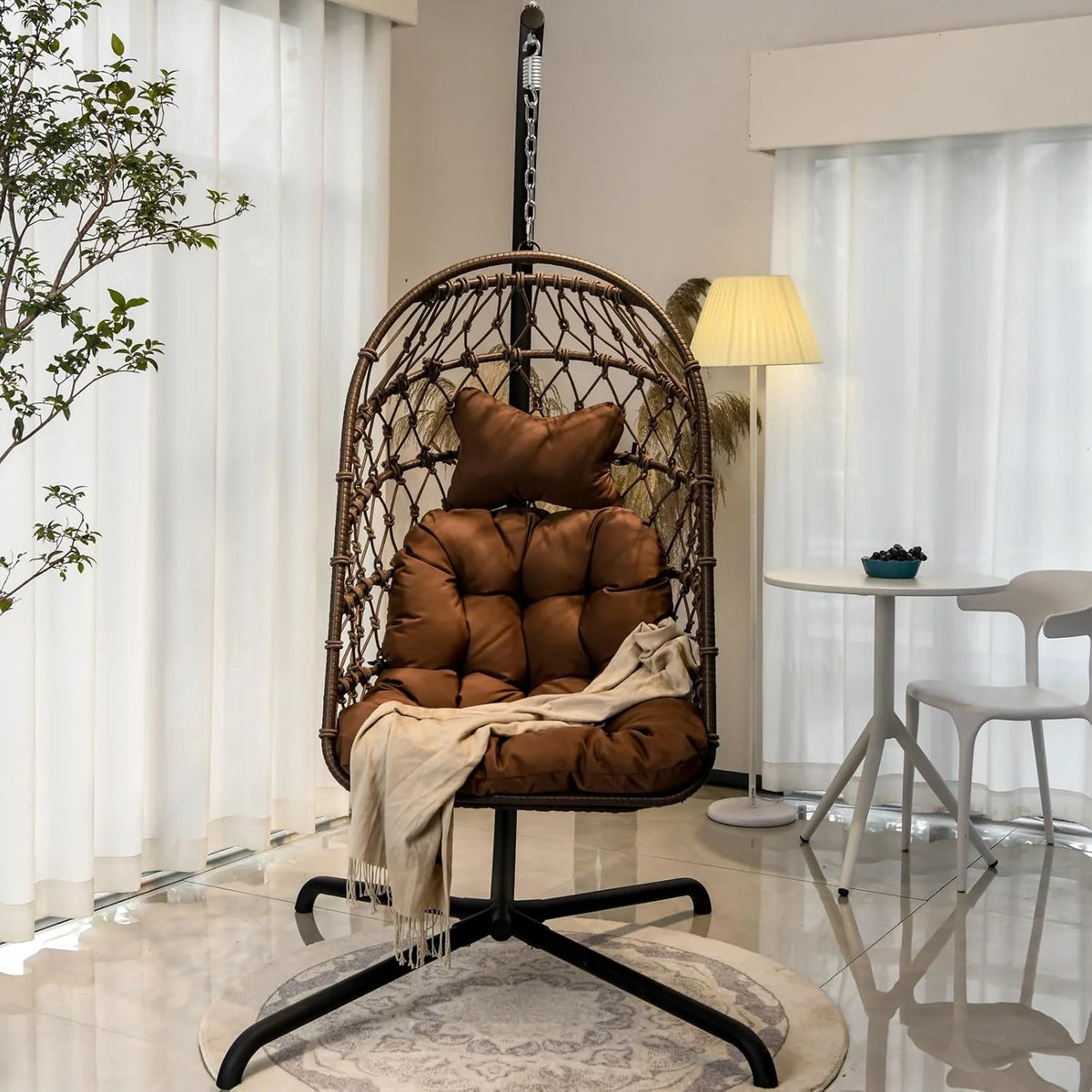 Indoor and outdoor egg-shaped rocking chairs with frames and covers. garden rattan hanging chairs. capacity 450 pounds. with UV-protective cushions. suitable for bedrooms. outdoor balconies. courtyards or living rooms (dark gray)