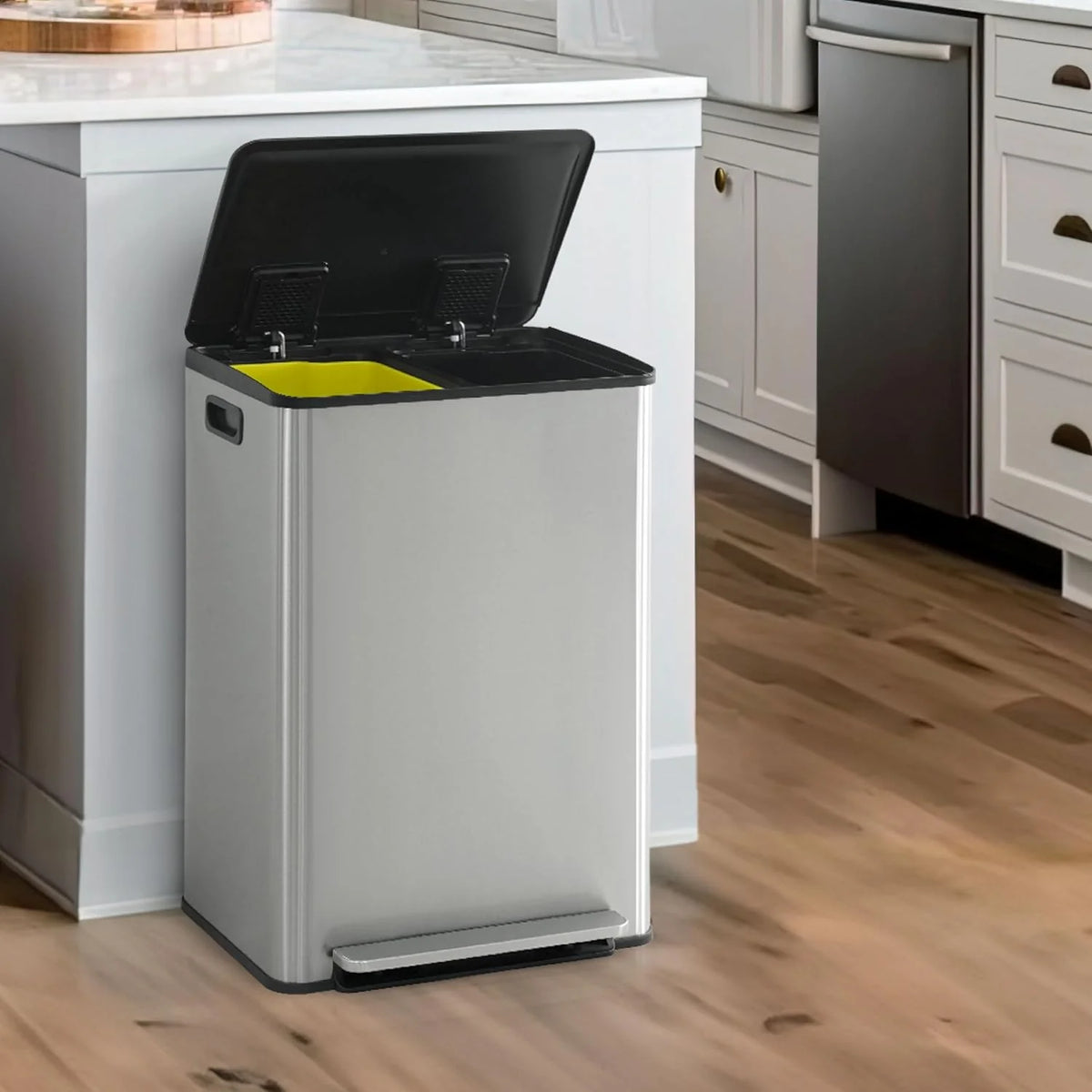 CAPHAUS Dual Trash Can with Double Lid. Trash and Recycle Bins Combo. Hands-free Stainless-Steel Garbage Can for Kitchen. with 2 Compartment. Hinged Lid. Odor Filters. Handles. 25L+25L. 2 x 6.6 Gallon