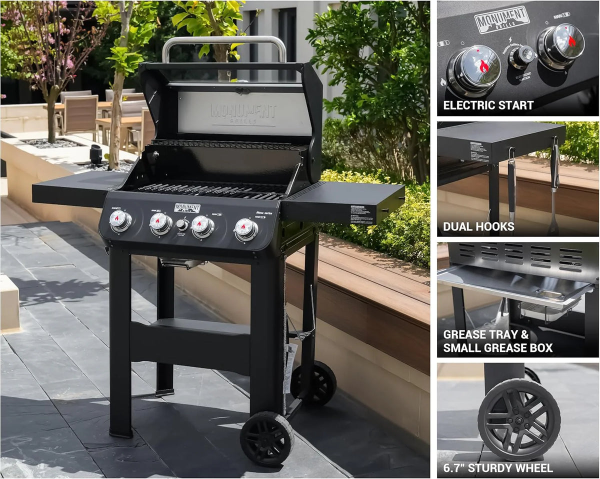 Grills 4-Burner Liquid Propane Gas Grill. Silver Stainless Steel Grill Outdoor Patio Garden Barbecue Grill with Clearview® Lid and One Foldable Shelf. Mesa400MF