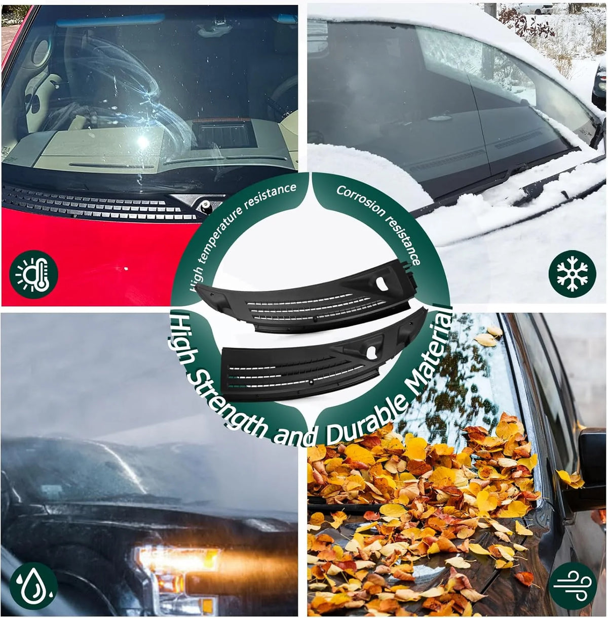 The front windshield wiper cover panel grille is compatible with the 2009 - 2014 models of Ford F150. It features two front insert panels on both the left and right sides.