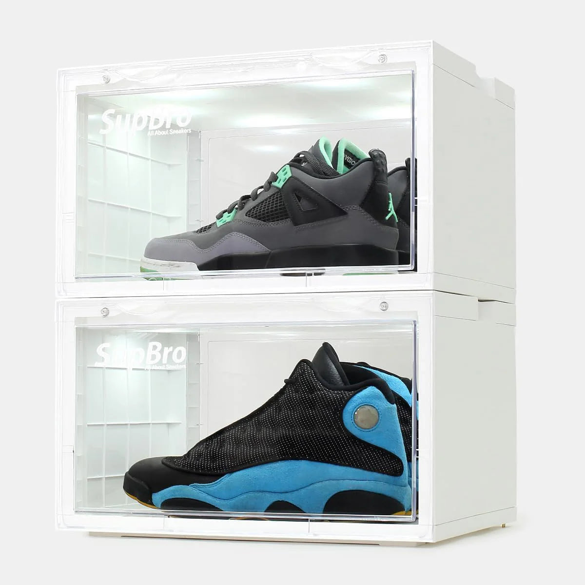 Lightning Collection Storage Box - Voice Control - Easy Access Storage Shoe Box. Stackable Shoe Storage Box. Equipped with Transparent Plastic Door. Suitable for Sports Shoes (11.2 x 14.9 x 8.8 inches (6 sets). White)