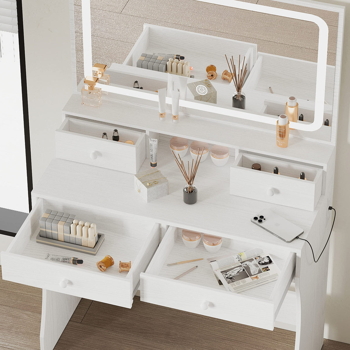 IRONCK Vanity Desk Set with LED Lighted Mirror & Power Outlet