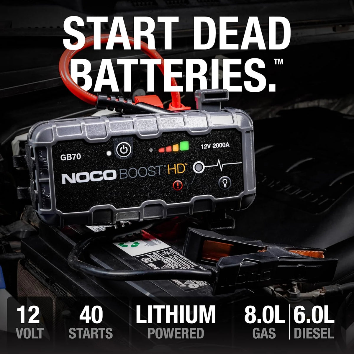 HD GB70 2000A UltraSafe Car Battery Jump Starter. 12V Battery Booster Pack. Jump Box. Portable Charger and Jumper Cables for 8.0L Gasoline and 6.0L Diesel Engines