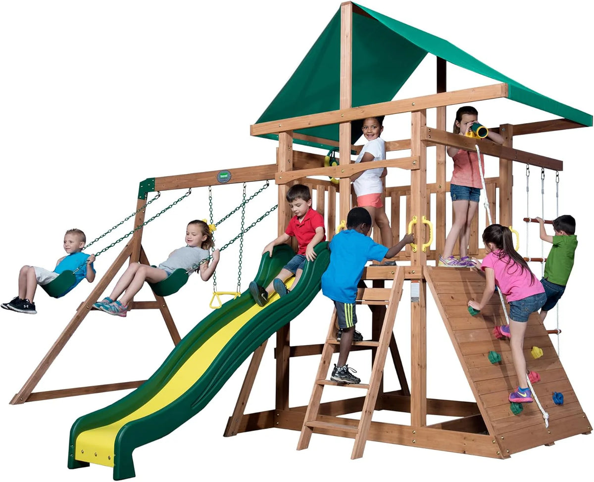 Cedar Wood Swing Set with Wave Slide. Play Deck. Double Rock Wall. Rope Ladder. Web Swing. Belt Swings. Toy Telescope. Steering Wheel. Sandbox Area. Outdoor Playset