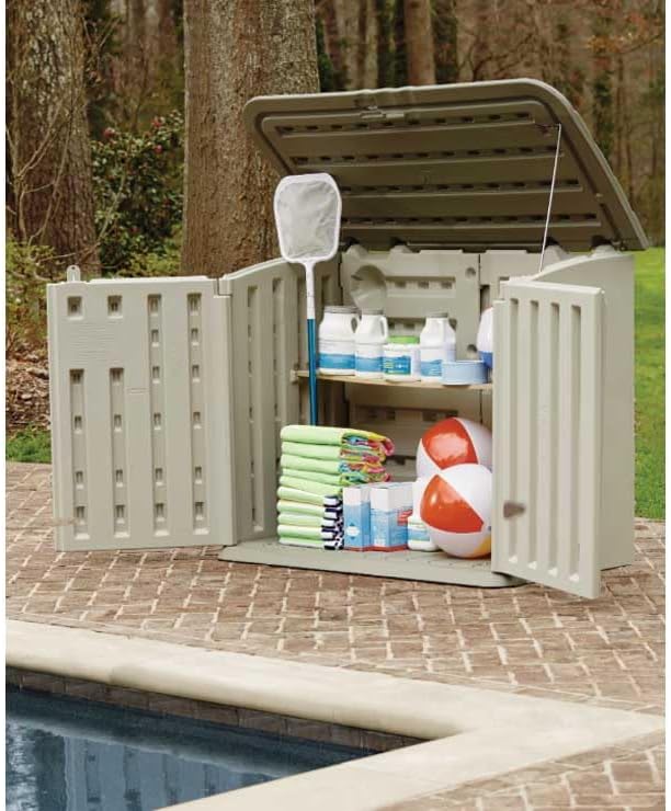 Poly resin outdoor storage shed. with floor (4.5 feet x 3 feet). weather-resistant. beige/brown. suitable for storing and organizing household/backyard/swimming pool chemicals/toys/garden tools/porch/terrace cushions.