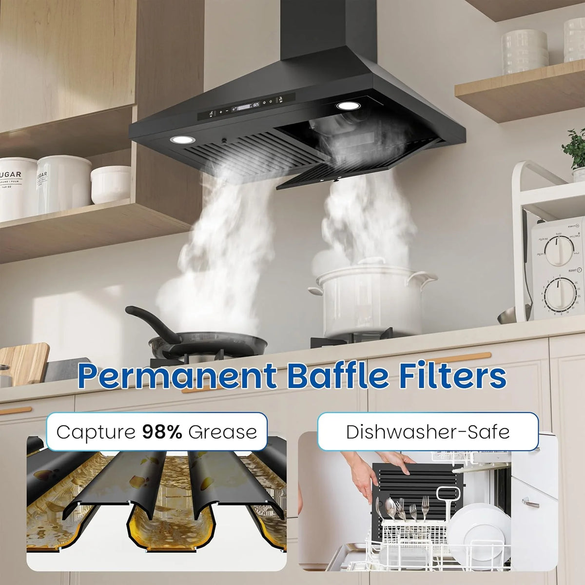 Wall-mounted black kitchen exhaust hood. 30 inches. 900 cubic feet per minute. built-in exhaust duct. three-speed exhaust fan. gesture/touch control. timer function. two baffles filters. stainless steel stove exhaust hood