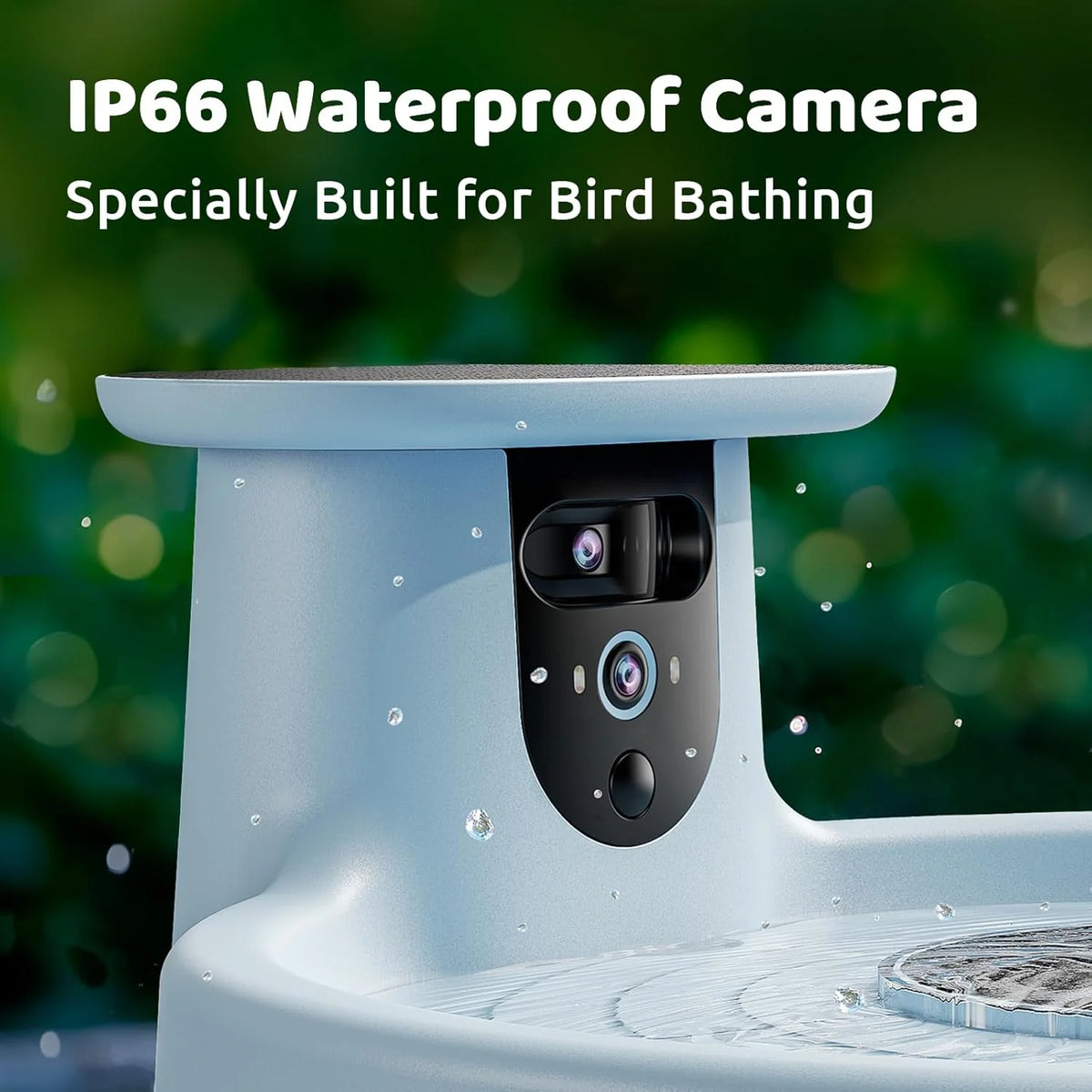 Smart Bird Bath. equipped with a camera. solar power supply. fountain and stand. It features a dual-lens camera for bird observation. automatically captures bird videos and has motion detection functionality.