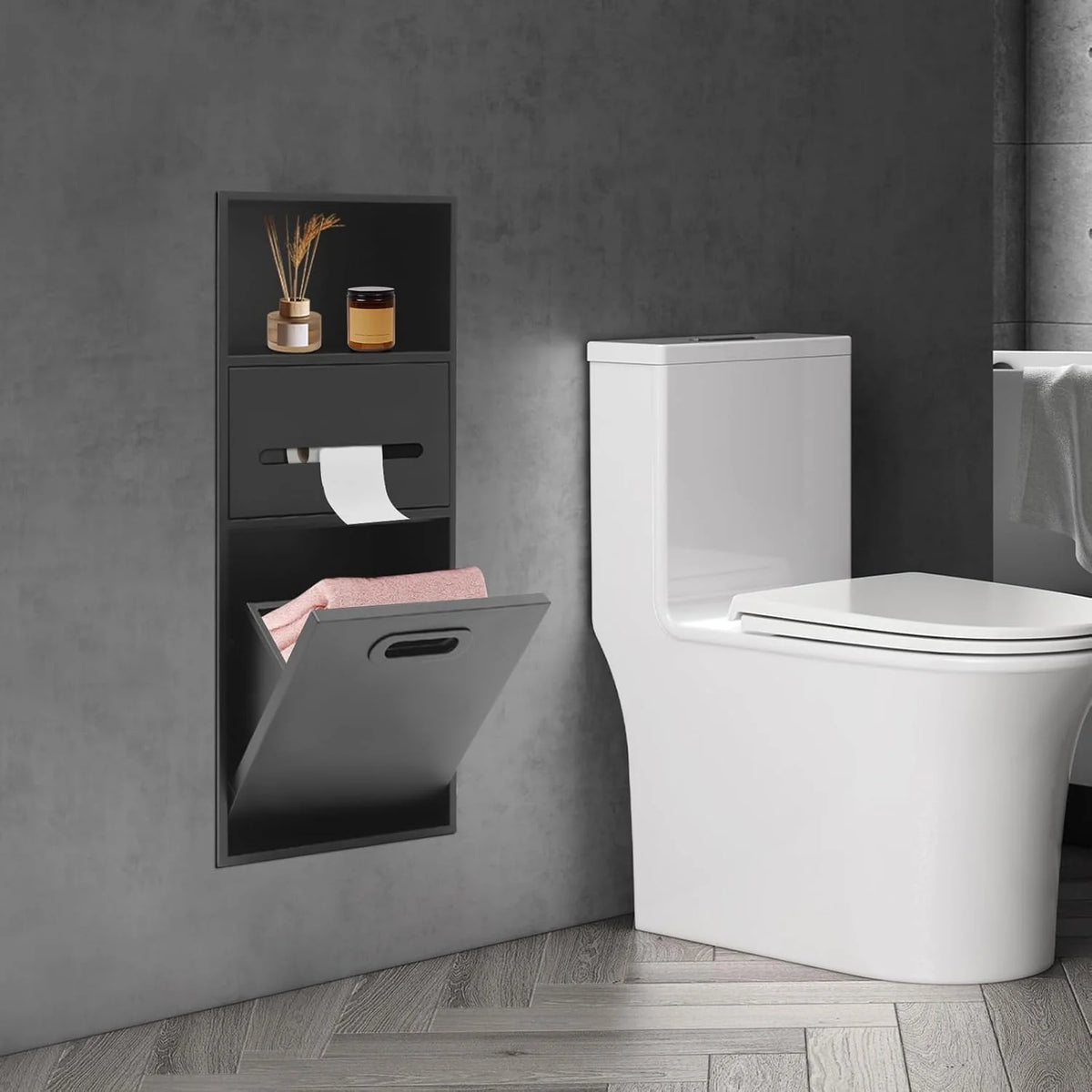 Stainless steel shower alcove trash can - Suitable for use in bathrooms. living rooms. and kitchens as a built-in recessed storage cabinet - 26 x 5.5 x 11.8 inches