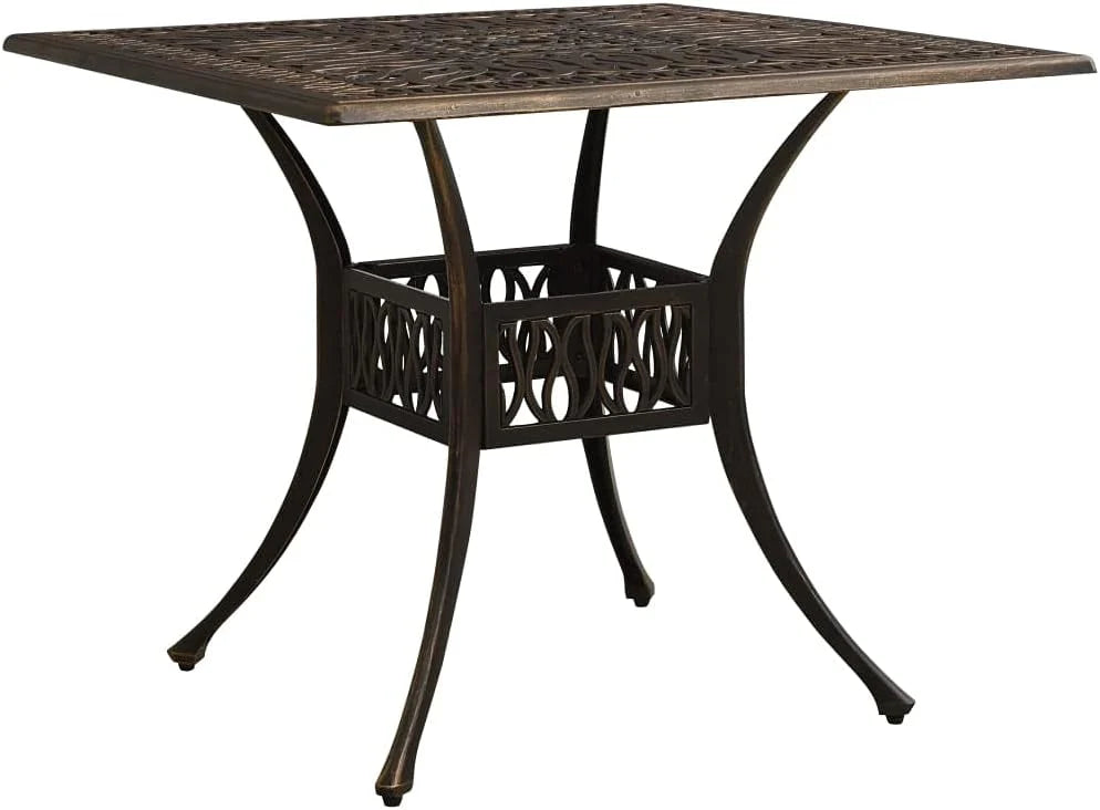 Bronze terrace table. made of cast aluminum. suitable for outdoor use. square design. stable and durable. with dimensions of 35.4 inches × 35.4 inches × 28.7 inches. equipped with umbrella holes. requires assembly.