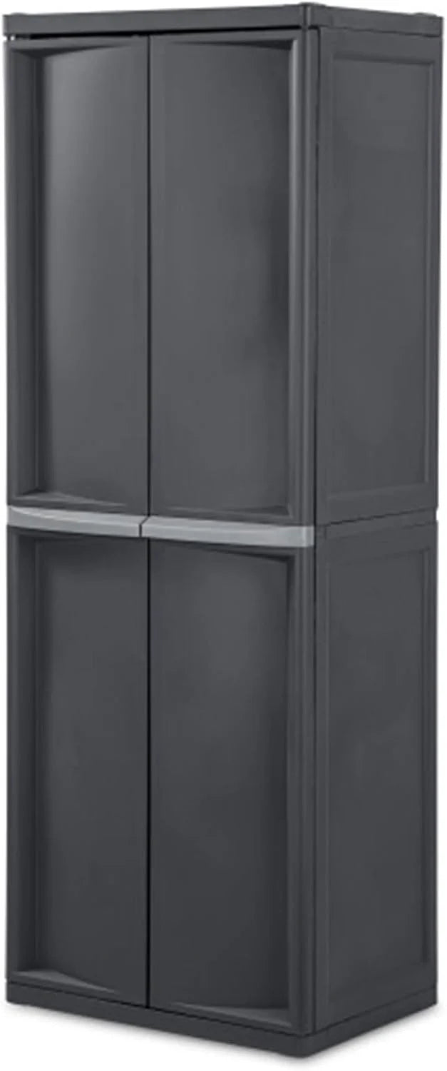 Storage Cabinet. Rugged Plastic Garage Organizer with Double Doors. 4 Adjustable Shelves. Gray