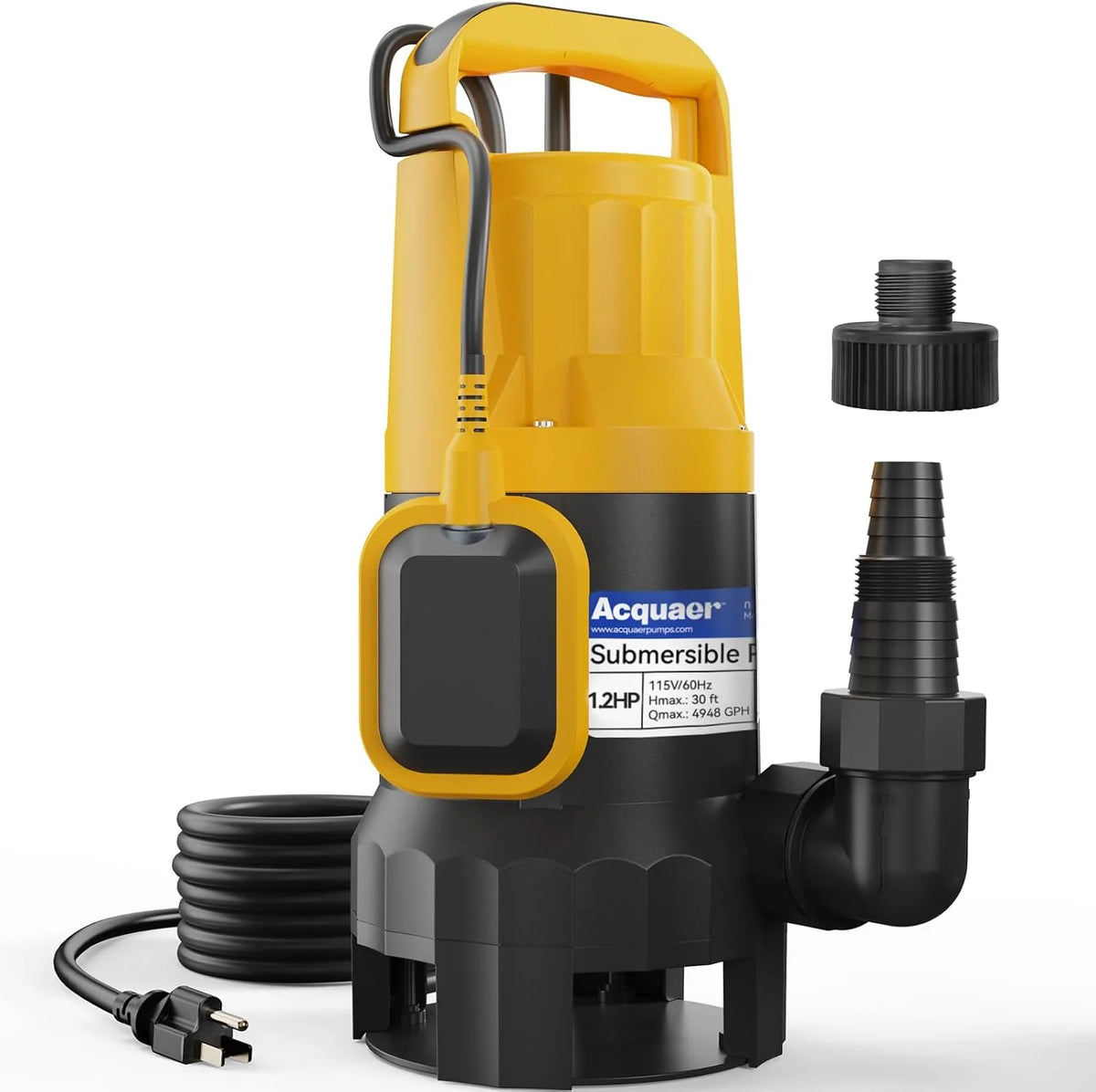 3/4HP Submersible Sewage Effluent Pump. Cast Iron. 115V 6400 GPH Automatic Tethered Float Switch. Sump Pump for Sump Basin. Basement. Residential Sewage. 2'' NPT Discharge