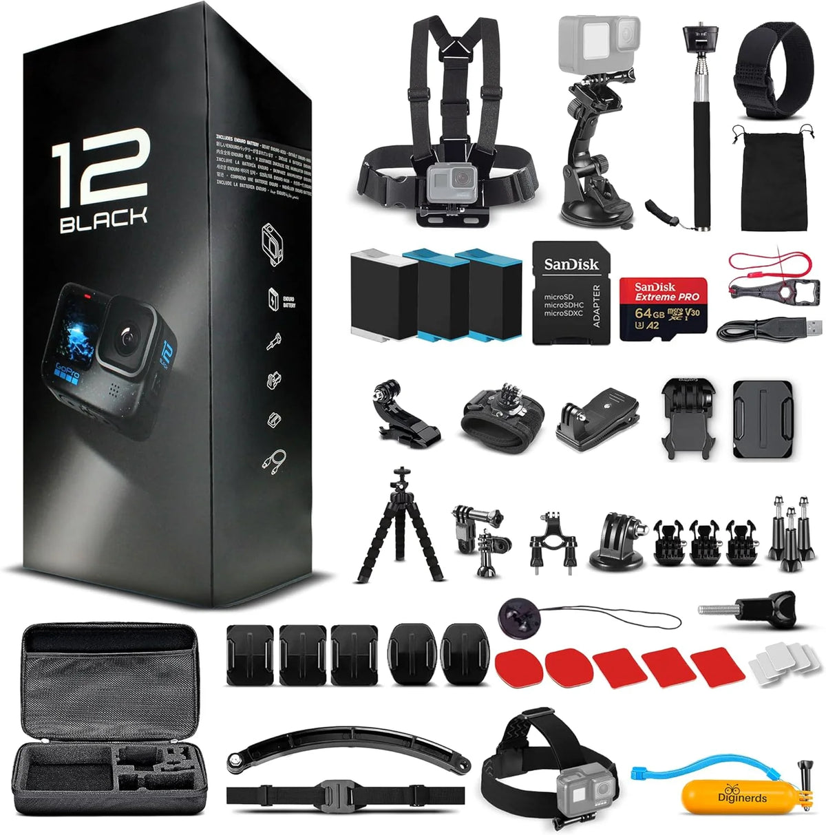 Equipped with a 50-piece accessory kit. 2 spare batteries and a 64GB memory card - a waterproof action camera - 5.3K HDR. 27 million pixels of photos. 1/1.9-inch sensor. live streaming function. webcam. and shake-proof function