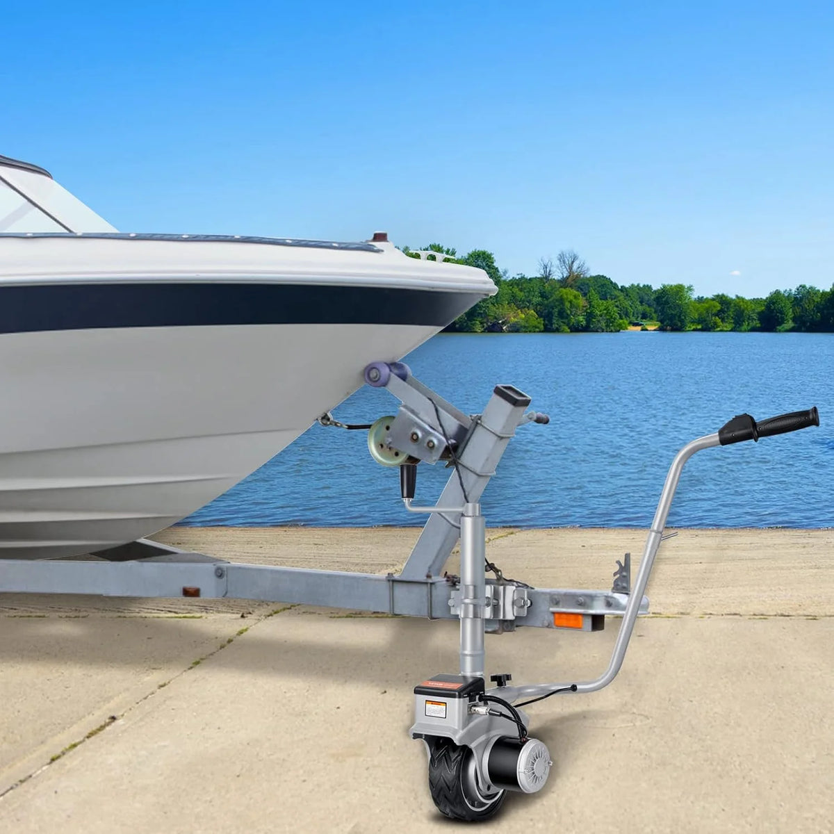 Electric trailer car. with a towing force of 5000 pounds. equipped with a 12-volt 350-watt trailer control wheel that can move at a speed of 22 feet per minute. featuring an adjustable height range from 12 inches to 24.8 inches. and equipped with 8-i